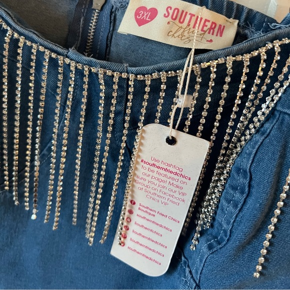 SouthernFriedChics Denim Rhinestone Fringe Size 3X NWT - Picture 3 of 4